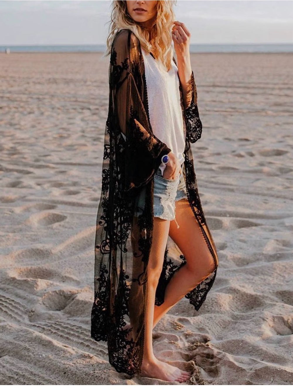 Sheer Black Lace Beach Kimono Cover-Up